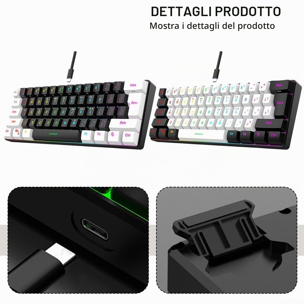 Tastiera da gioco cablata al 60%, con retroilluminazione RGB, portatile ed ergonomica, tastiera retroilluminata RGB per PC, per Mac, ufficio, gaming (bianco)