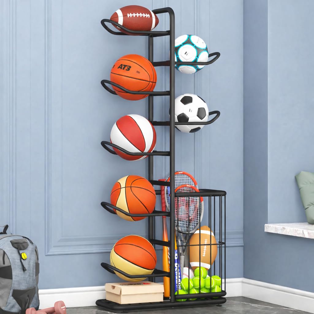 YIILII 7-Ball Sports Equipment Storage Rack with Ball Holder, Ideal for Garage or Indoor Use - Organize Toys, Sports Gear and More, 57.5" (Black)