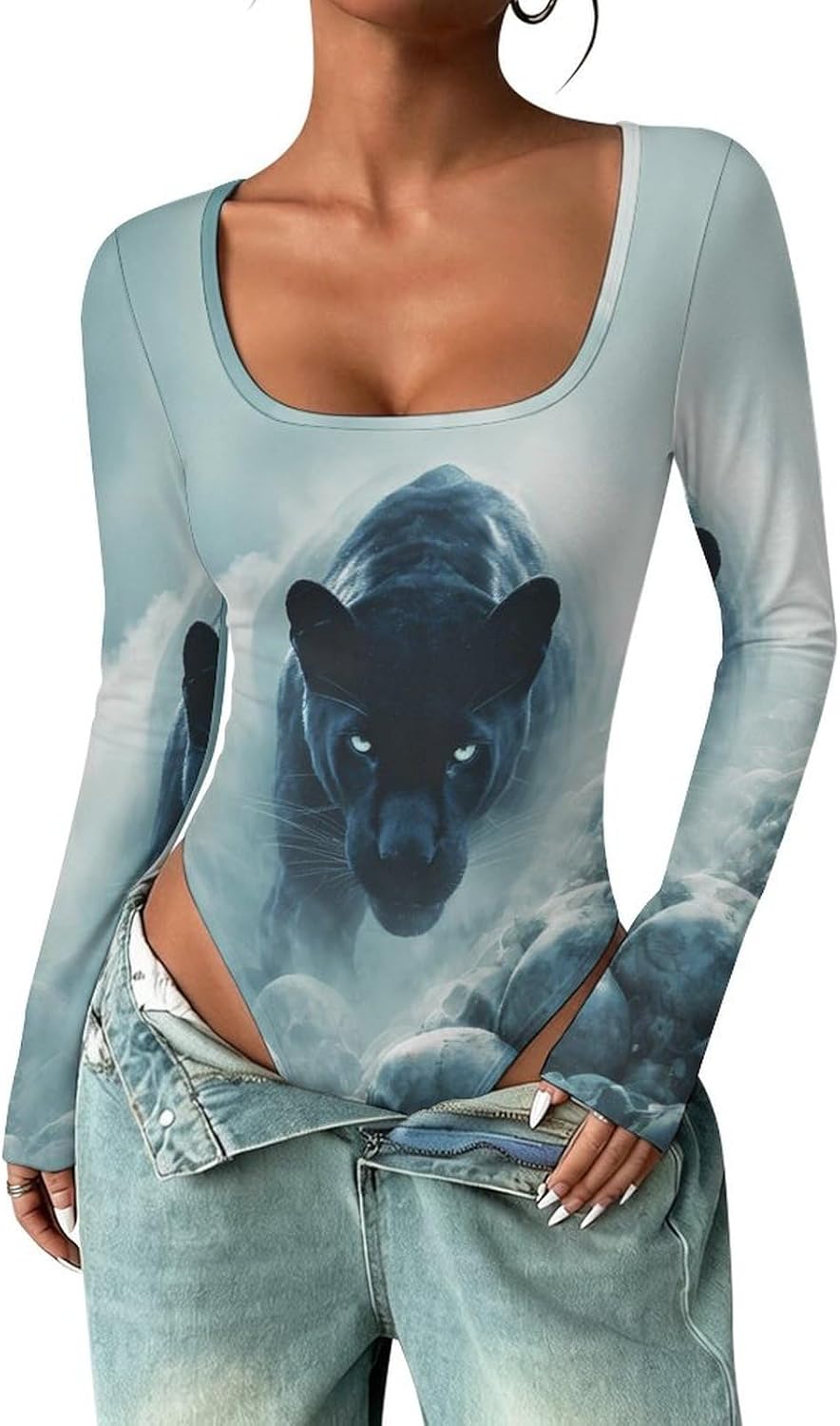Smoke Skull Pantherprint Women's Bodysuits Long Sleeve Top 5XL