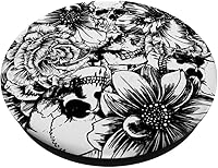 Vista 2 de PopSockets de calaveras florales en blanco y negro intercambiable PopGrip