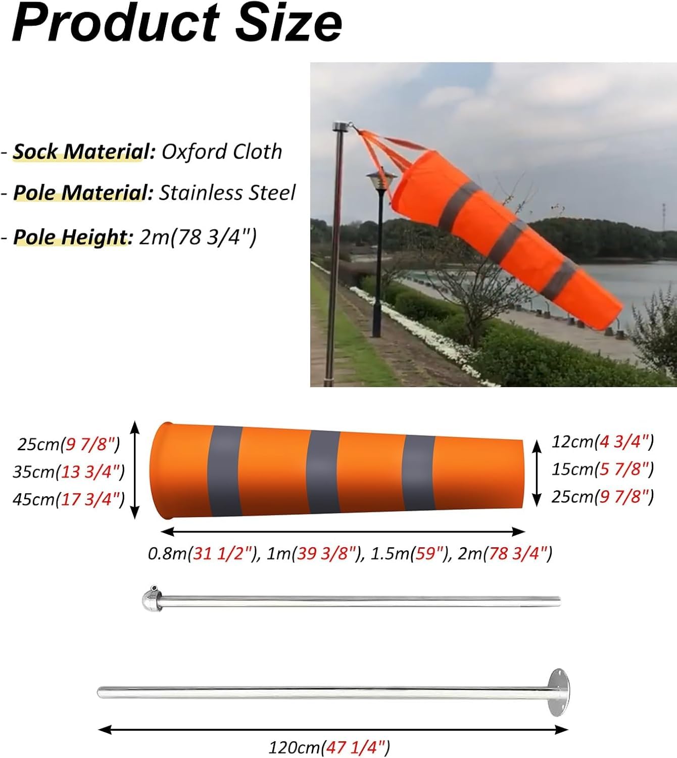Kit di maniche a vento con asta, indicatore di direzione del vento riflettente per misurazione delle condizioni meteorologiche esterne, bandiera resistente per giardino, aeroporto e cortile, lunghezza