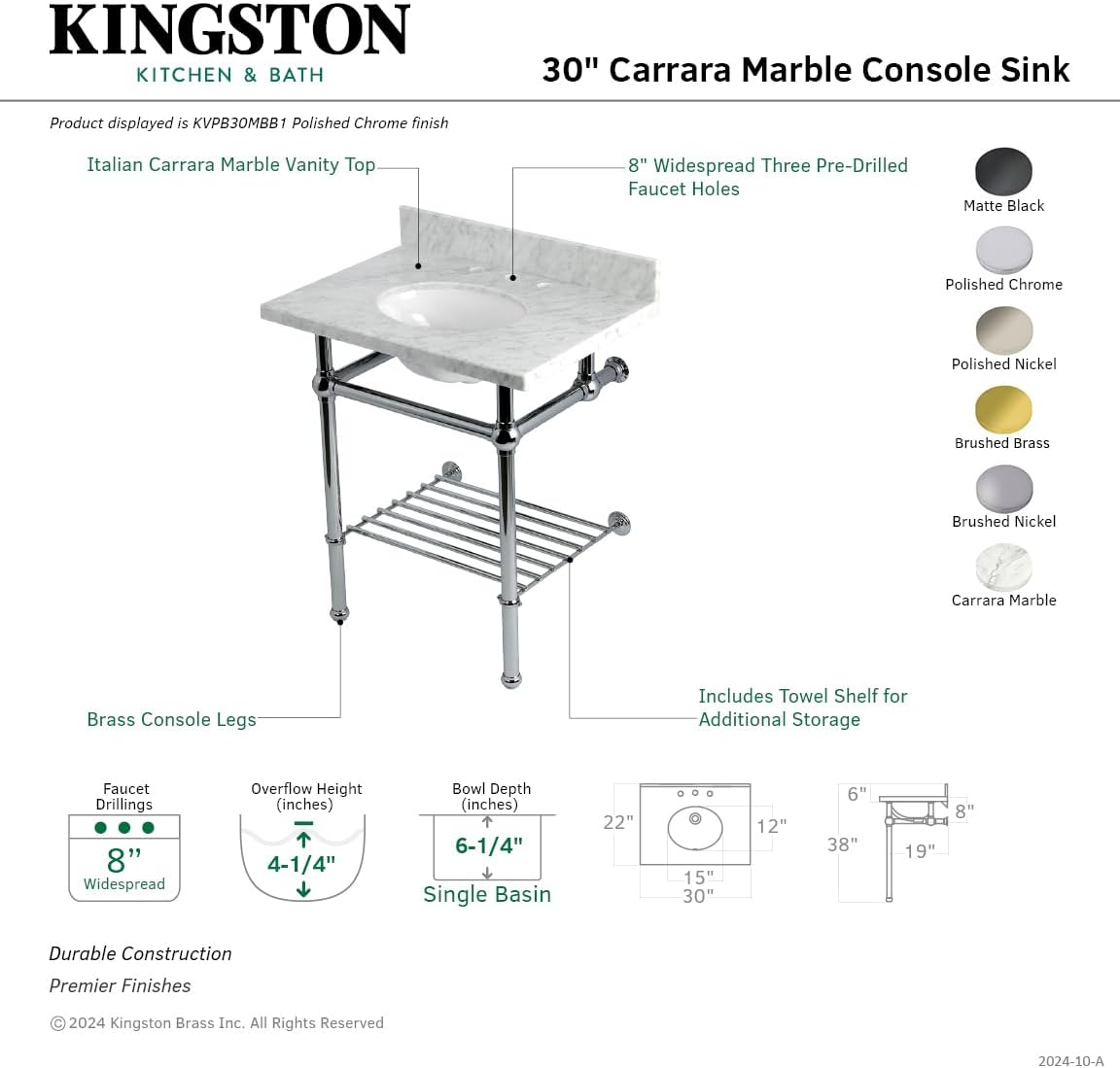 Kingston Brass KVPB30MBB7 Templeton 30" Console Sink with Brass Legs (8-Inch, 3 Hole), Carrara Marble/Brushed Brass