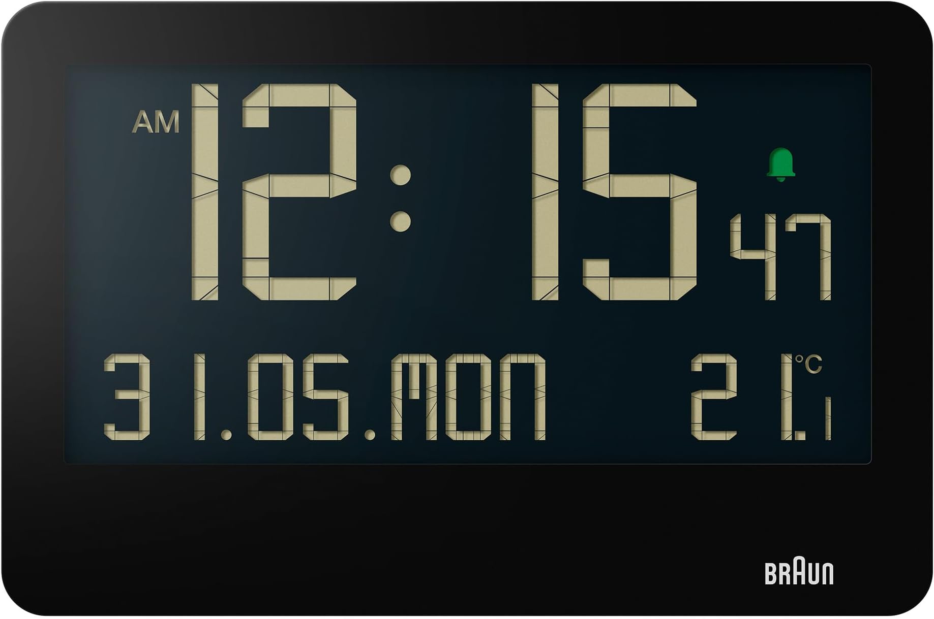 Digital Wall Clock with Indoor Temperature, Date, Day of the Week, Large Reverse LCD Display, Quick Set, Beep Alarm in Black, model BC14B.