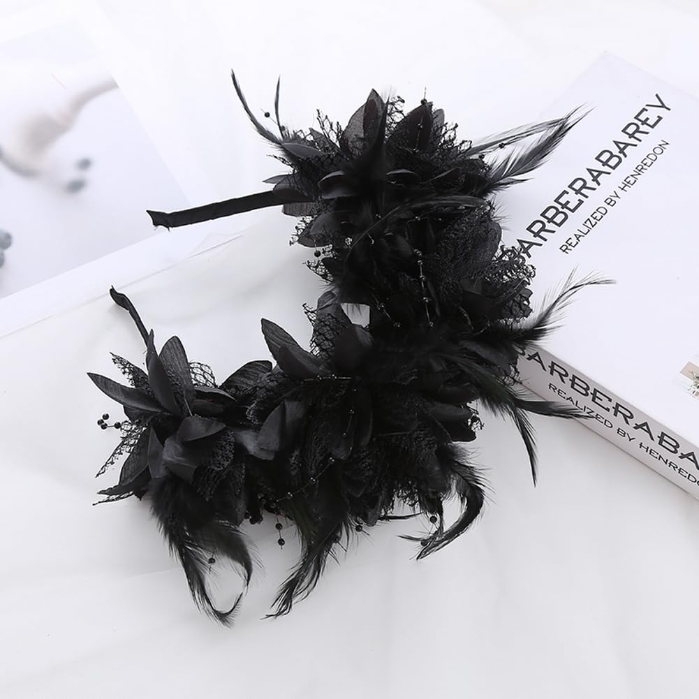 Gothic Floral Headband Black Rose Lace Hair Crown with Feathers Halloween Head Wear Party Photo Props Accessory - Image 4