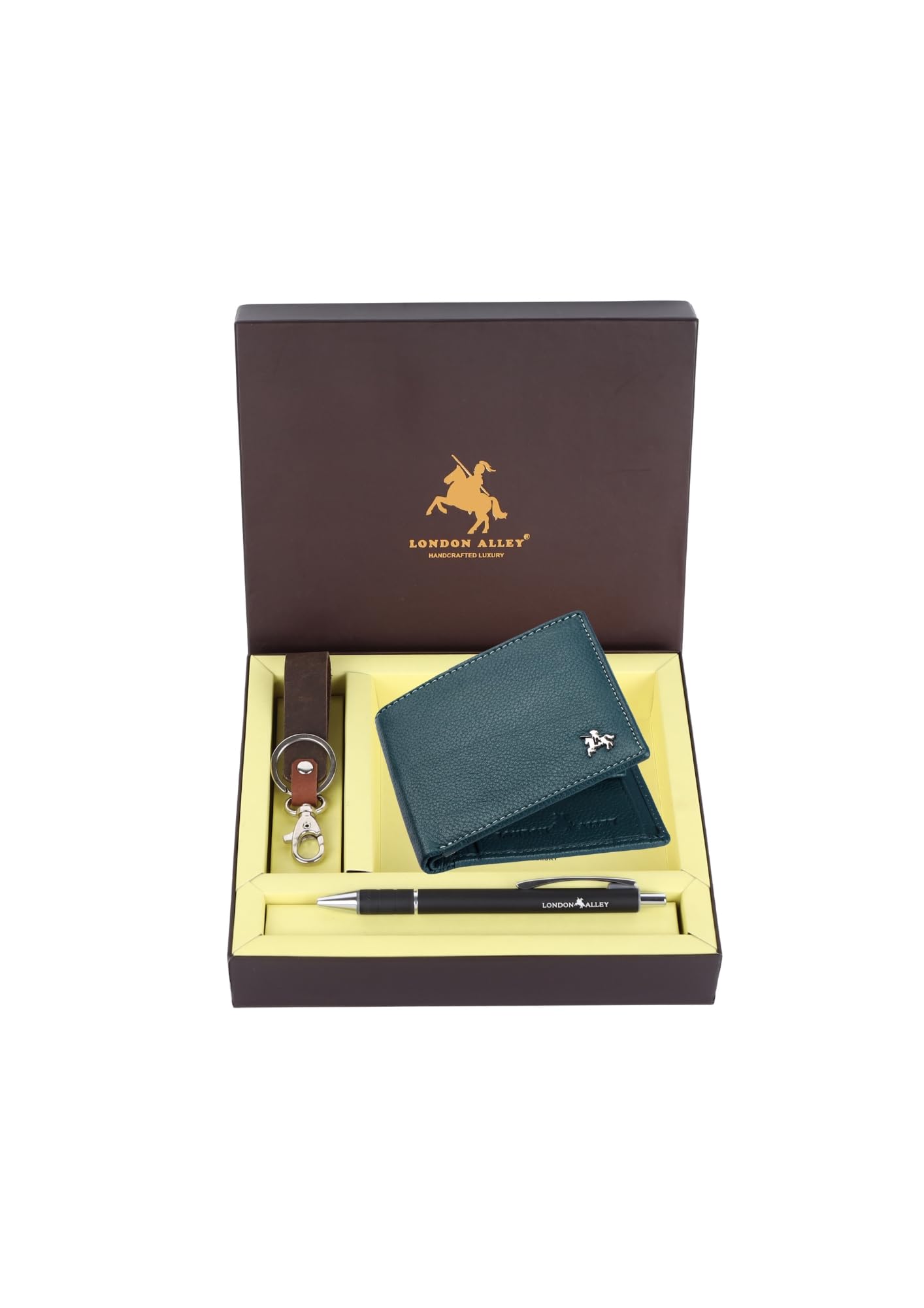 LONDON ALLEY Kevin Classic Green Leather Wallet, Keyring & Pen Combo Gift Set for Men | Gift Hamper for Men