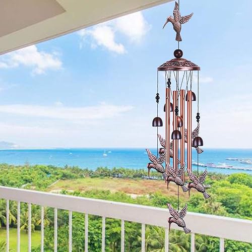 Miniatura 5 de Campanillas de viento de colibrí para jardín, decoración al aire libre, con 4 tubos, 6 campanas, 7 colibríes, captador de viento romántico,