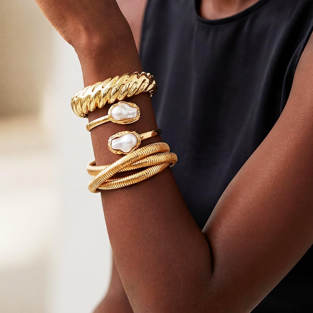 GORTIN Chunky Gold Bangle Bracelets for Women Big Pearl Cuff Bracelets Set Trendy Stackable Bracelet Jewelry Accessories for Women