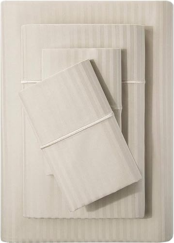 Feather & Stitch - Juego de sábanas de damasco de 500 hilos, 100 % algodón, suaves, transpirables, 4 piezas de 18 pulgadas de profundidad, tejido de