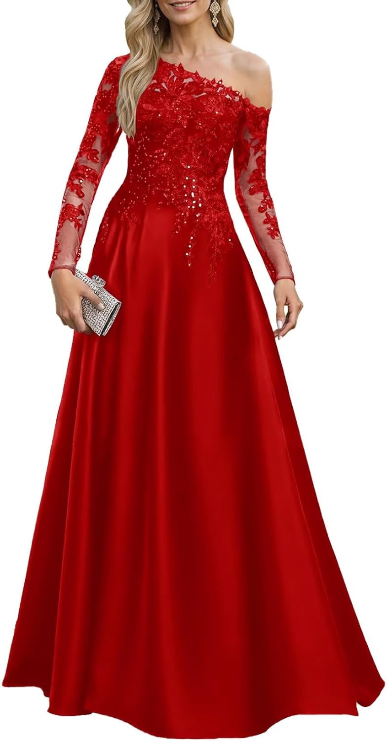 One Shoulder Sequin Lace Mother of The Bride Dresses for Women Long Sleeve Satin Formal Evening Gown with Pockets