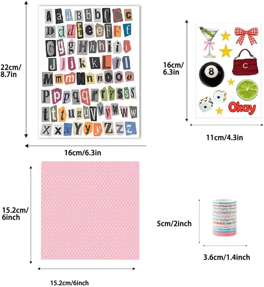 Scrapbook Supplies Kit 12 Sheets 6x6 Inch Scrapbook Paper 4 Letter Sticker Sheets 10 Washi Tape 8 Decorative Sticker Sheets for Scrapbooking Journaling Diary and Junk Journal Crafts (Girly)