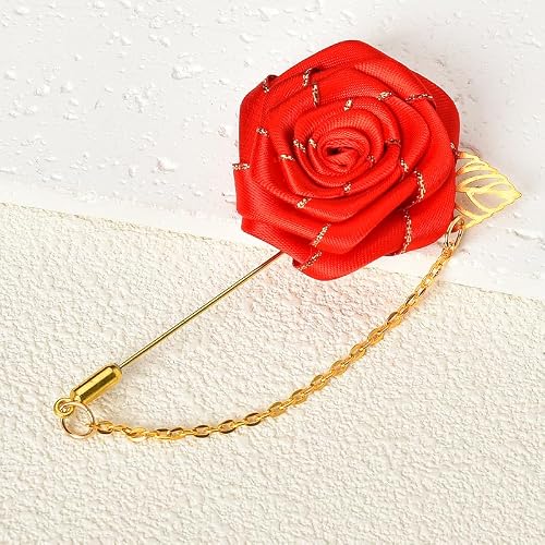 Red Rose Brooch Pin Cloth Rose Flower with Gold Leaf Brooch Suit Lapel Pins for Men Tassel Chain Brooch Rose Flower Pin Brooches for Men Suits Bridegroom Wedding Brooches Rose Pins Accessories - Thumbnail 5