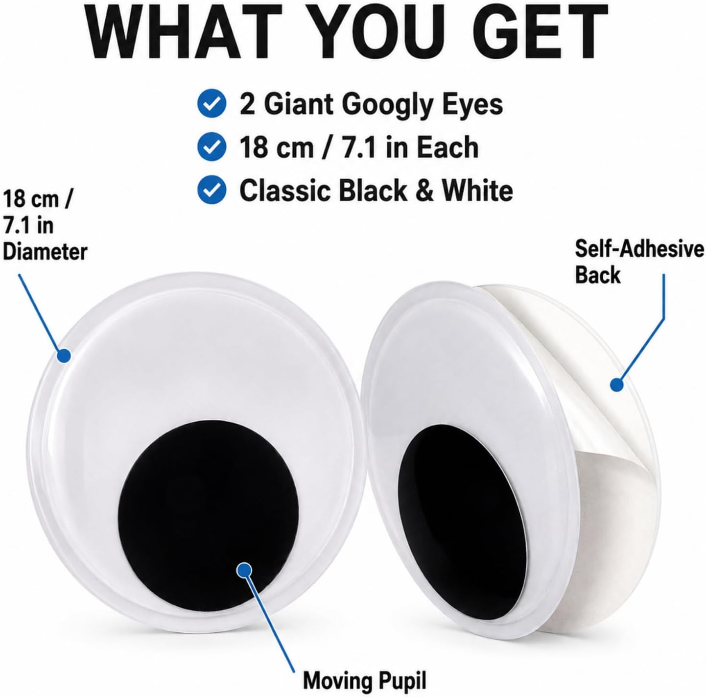 Giant Googly Eyes 7.1 Inch / 18 cm, 2 Pack Large Wiggly Eyes with Self-Adhesive Backing, Big Wiggle Eyes for DIY Crafts, Classroom Projects, Fridge, Backpack, Storage Bins, Doors & Party Decorations