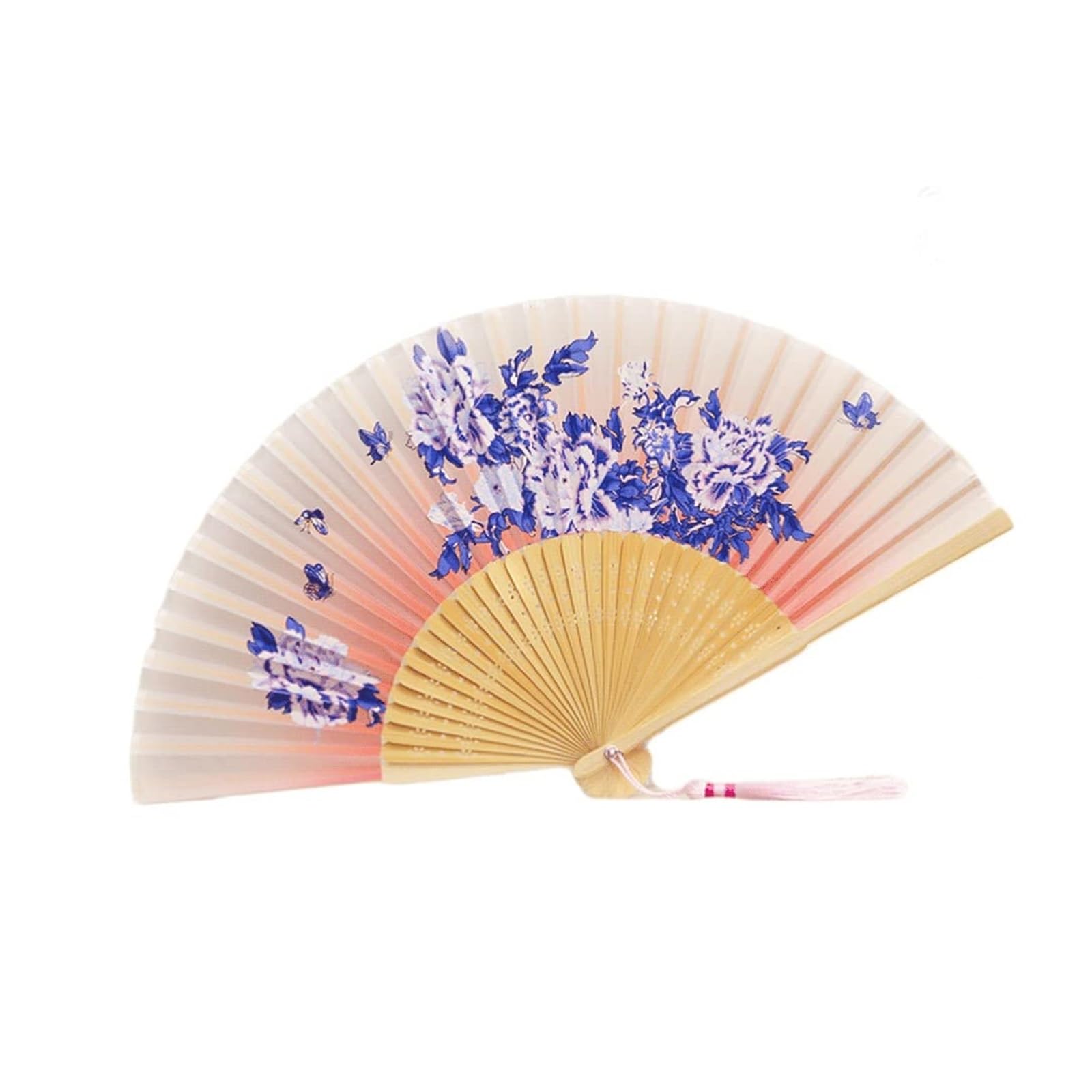 WDCDYQDH Folding Fans Tradition Beautiful Hand Fan Handheld With Tassel Delicate Floral Patterned Decoration(peach) (pink White One Size)