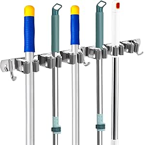 XiaXiKaiTech Wall Mounted Broom Mop Holder – 60cm Grey Heavy Duty Utility Organizer With 5 Slot 6 Hooks For Kitchen Bathroom Garage Garden Tool Storage - View #4