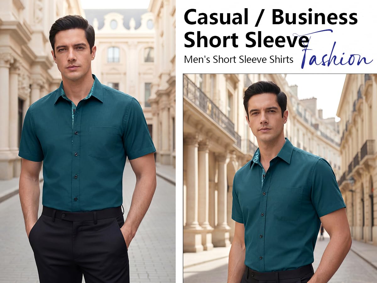 HISDERN Herren Hemd Kurzarm Freizeithemd Businesshemd Herren Kurzarm Hemden Regular Fit Bügelfreies Herrenhemd mit Brusttasche
