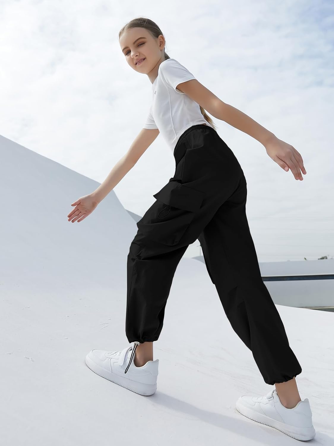 SANGTREE Girls Parachute Pants Loose Lightweight Drawstring Waist Hip Hop Cargo Pants,6-16 Years - Image 3