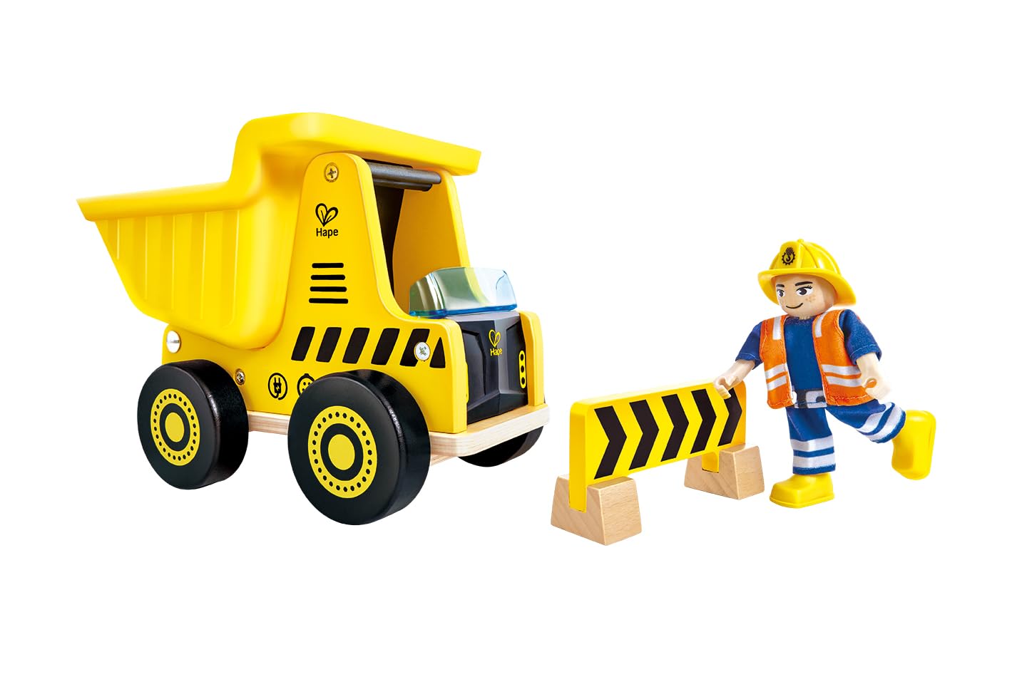 Hape Mes engins de Chantier - Camion Benne | avec Ouvrier de Construction| Godet Flexible et Accessoires | Jouet de Construction pour Enfants