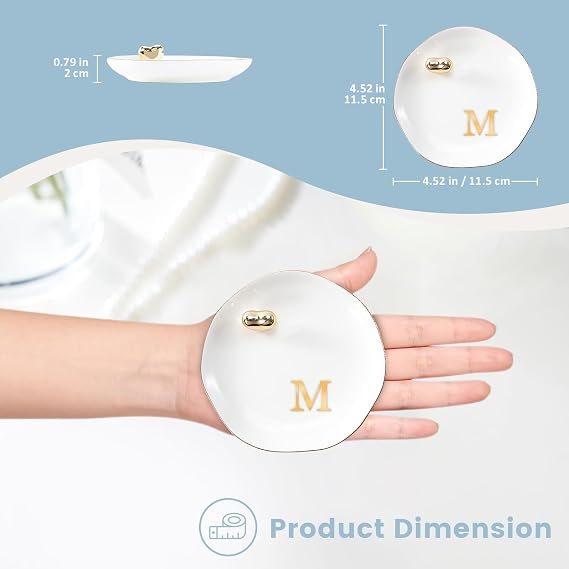 Lolalet Ceramic Jewelry Tray, Initial Engagement Ring Dish Trinket Plate 4.52 Personalized Monogrammed Bowl, Birthday Mother's Day Gifts for Women -M