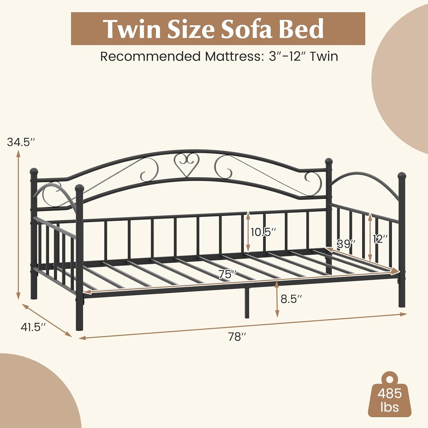 Giantex Metal Twin Daybed, Modern Sofa Day Bed with Stylish Headboard & 12 Metal Slats Support for Living Room, Bedroom, Guest Room, No Box Spring Needed, Black