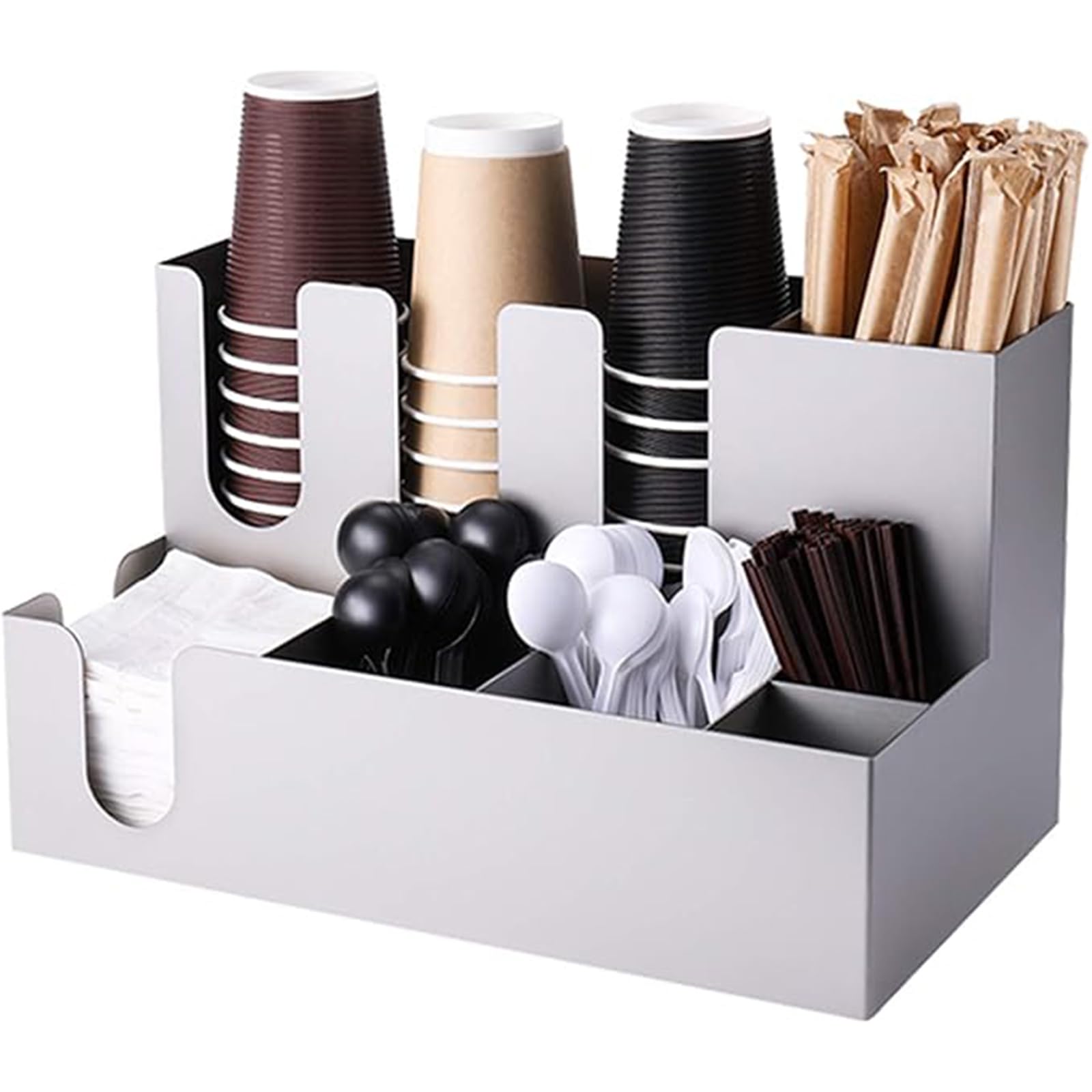 Estante de acero inoxidable para café con soporte de tazas y cápsulas para salón