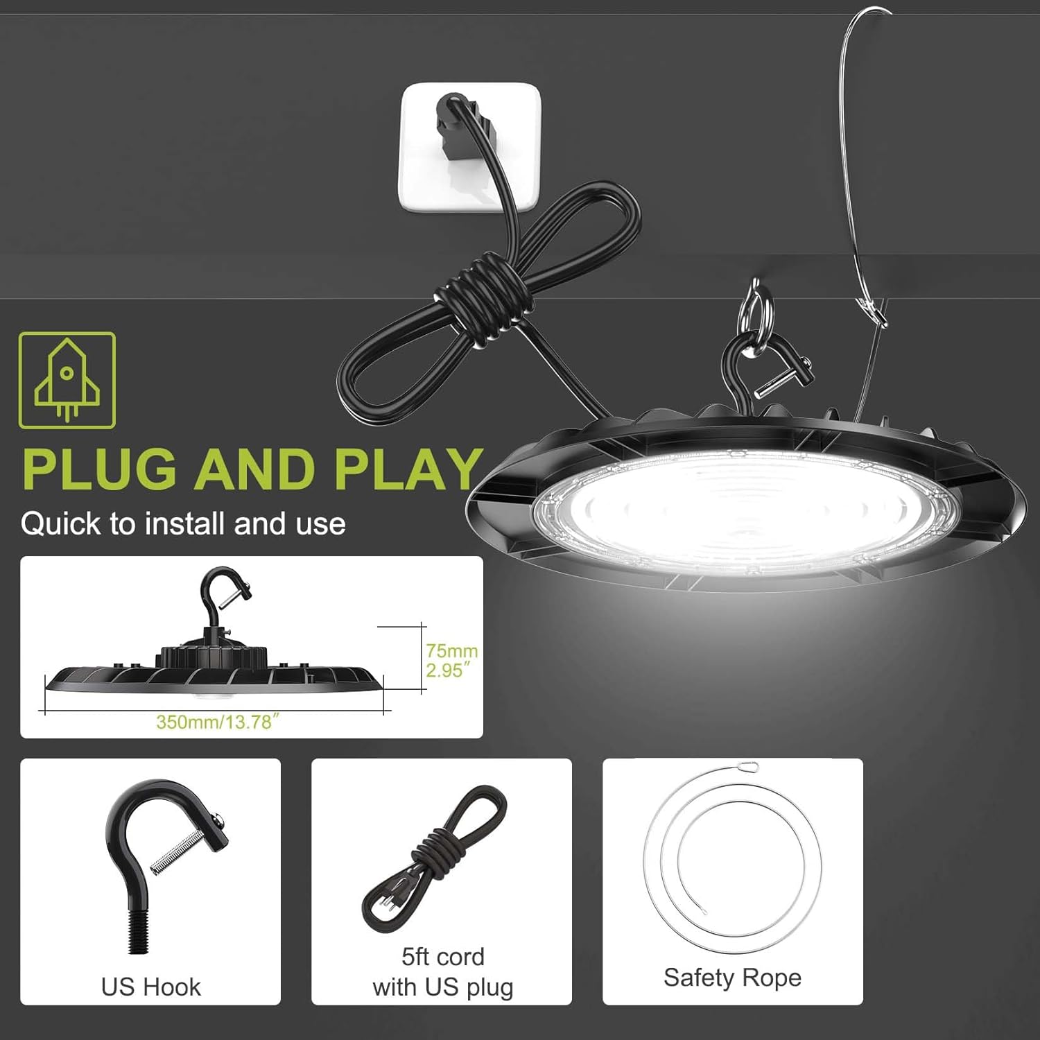 UFO LED High Bay Lights 200W 32000LM/150W/100W 6000K/5000K/4000K Adjustable 0-10V Dimmable Commercial Bay Lighting 100-277V Plug&Play for Factory Warehouse Garage Workshop, 5 Pack