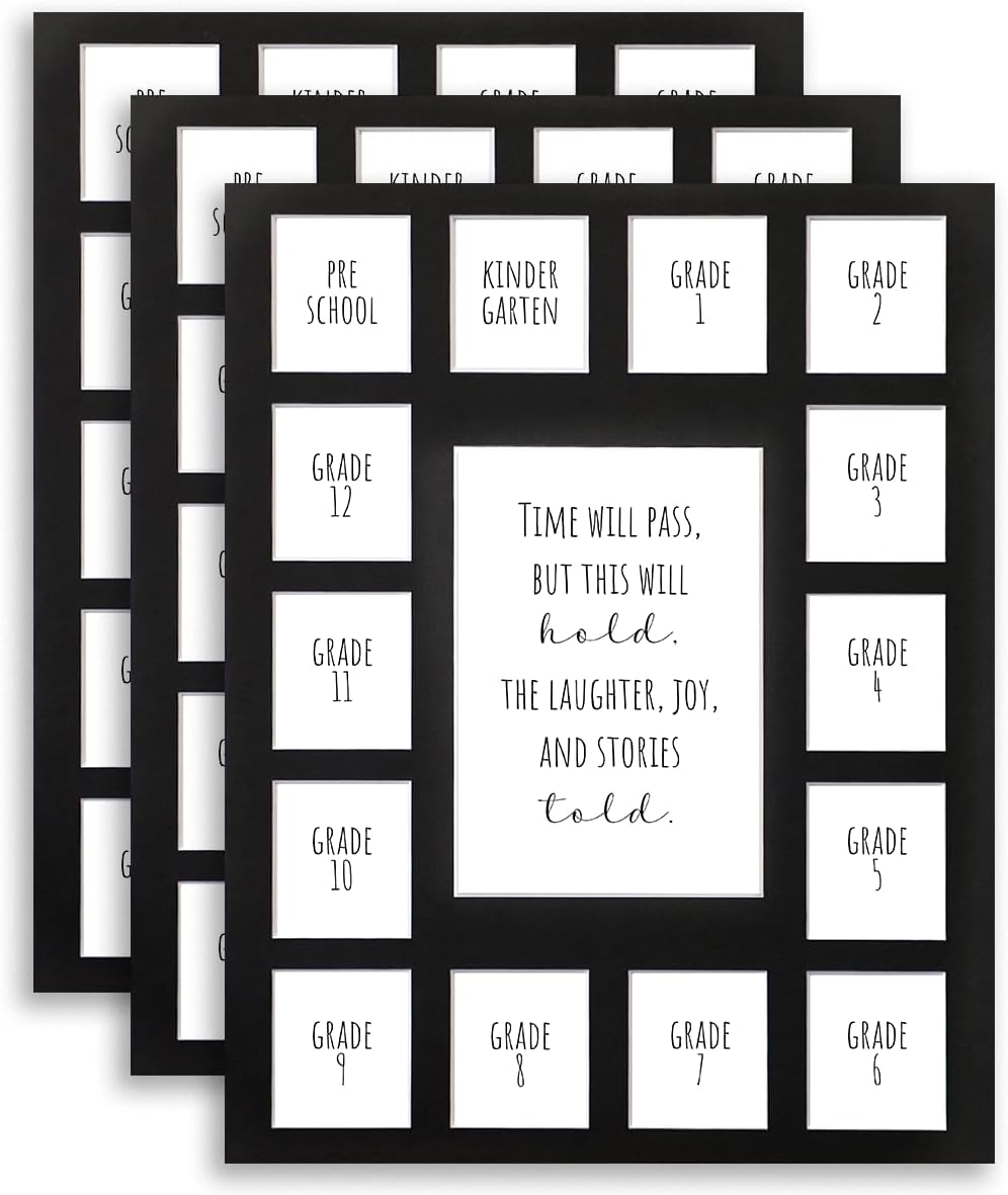 11X14 Bulk 6 School Days Picture Mat with Multiple Openings–Years Photo Collage – Time Will Pass Picture Mat – No Frame - 1 Pre-School & Kindergarten to 12th Grade (15 Photos, 1PreK-12th, Black)