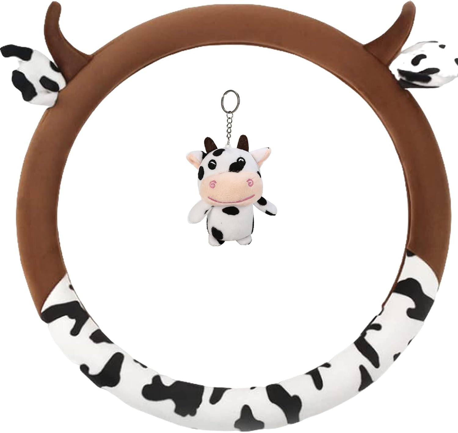 Cow Print Steering Wheel Cover with Horns, Cloth Cow Design