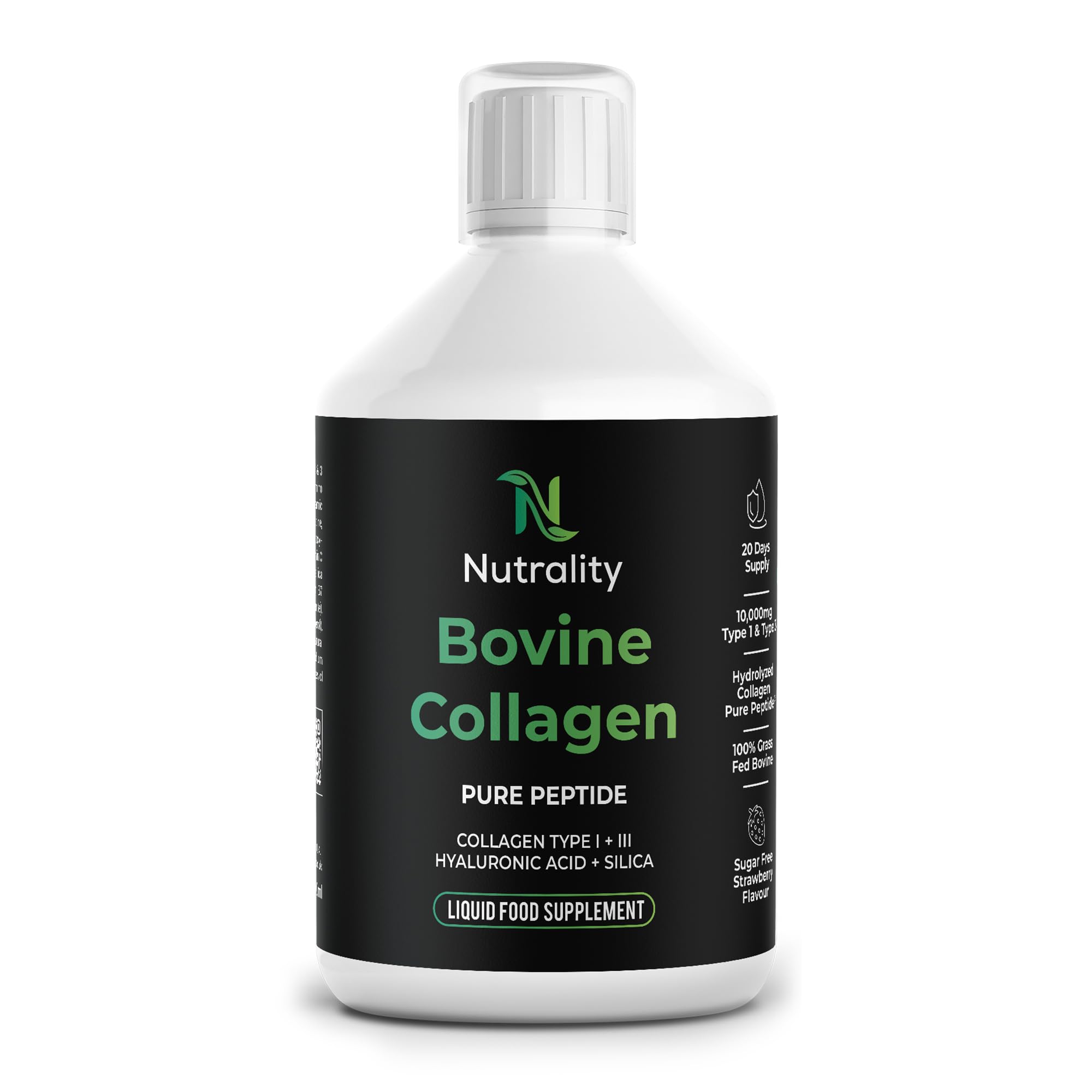NutralityBovine Collagen Sugar Free Liquid | 10,000mg Type 1 Peptides | Collagen Peptides, Hyaluronic Acid, Biotin | Strawberry Flavour | Healthy Skin, Hair, Nails | 500ml