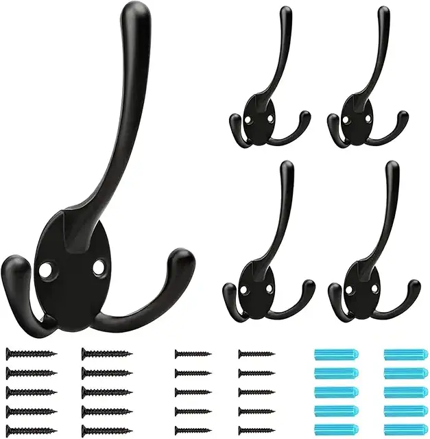 BIGLUFU Solid Coat Hooks - 5 Black Wall Hooks with Three Hooks, Ideal for Hanging Jackets, Hats, and More