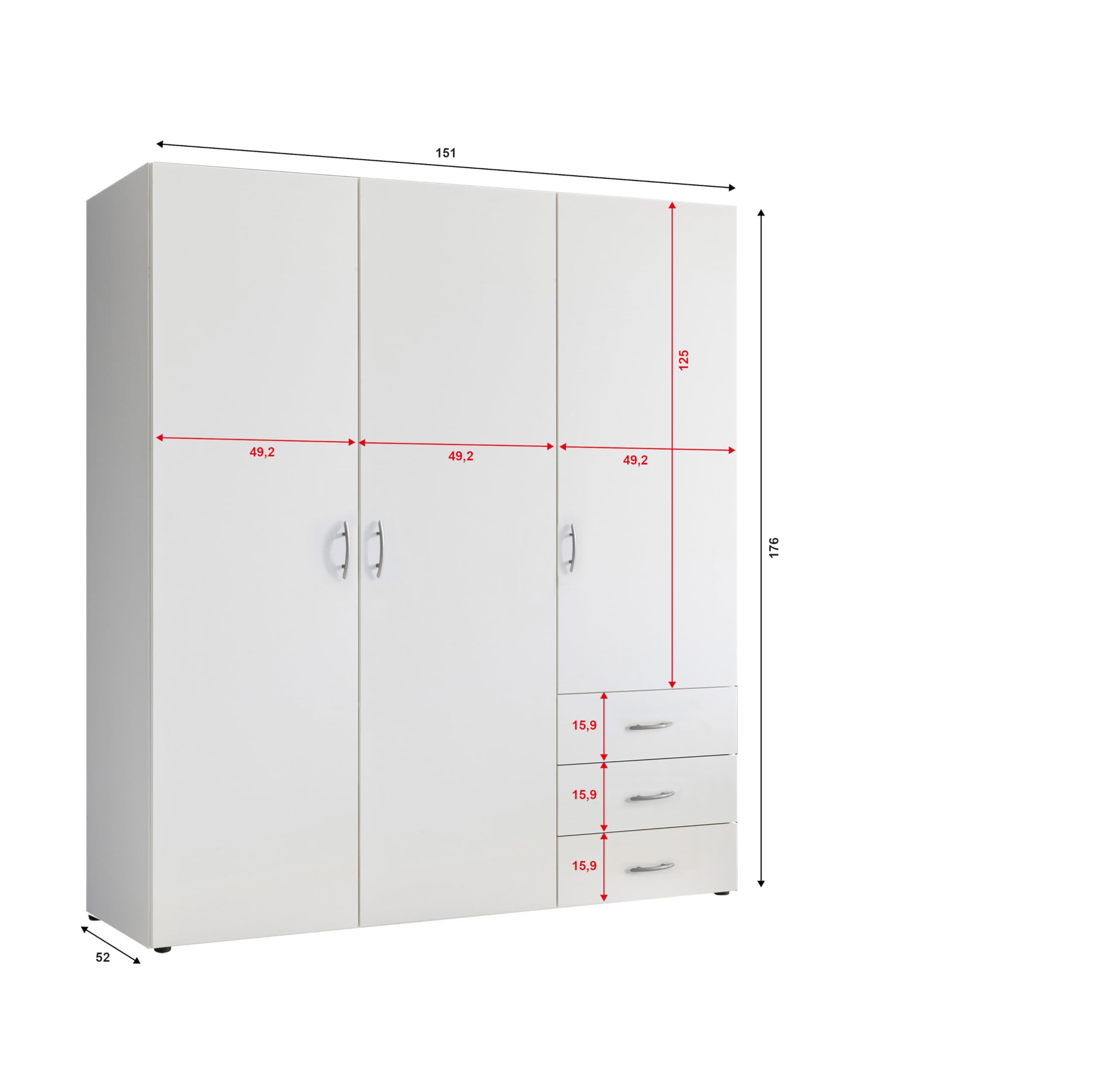 AVANTI TRENDSTORE Molise - Armadio con 3 ante a battente e 3 cassetti in legno laminato di colore bianco. Dimensioni ca. LAP 150,2x176,2x51,3cm