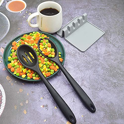 Armrouns Silicone Nonstick Spoons Set, 2Pcs Silicone Spoons For Cooking Heat Resistant Cooking Spoons For Mixing, Bpa Free Silicone Spoon (Casual Black) #TOP2