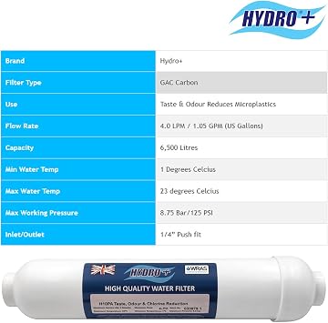 HYDRO+ H10PA Inline Fridge Water Filter | Activated Carbon Fridge, Water Cooler & Kitchen Tap Filter | Universal 1/4