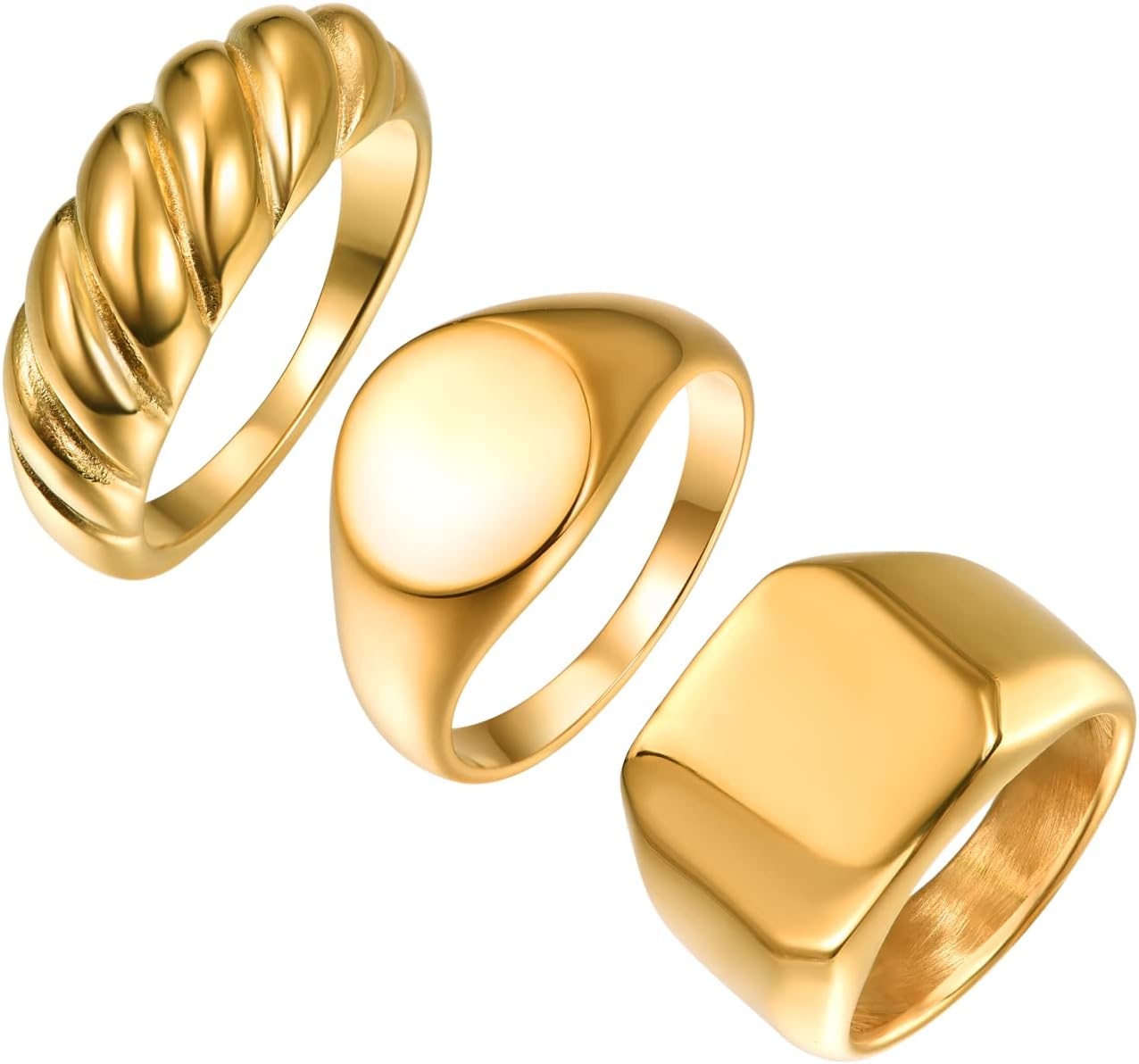 TUNGSTORY3Pcs Gold Stainless Steel Rings Set Gold Signet Ring,Twist Thread Oval Signet Engagement Ring for Men Women Polished Finish Comfort Fit Size O-Y