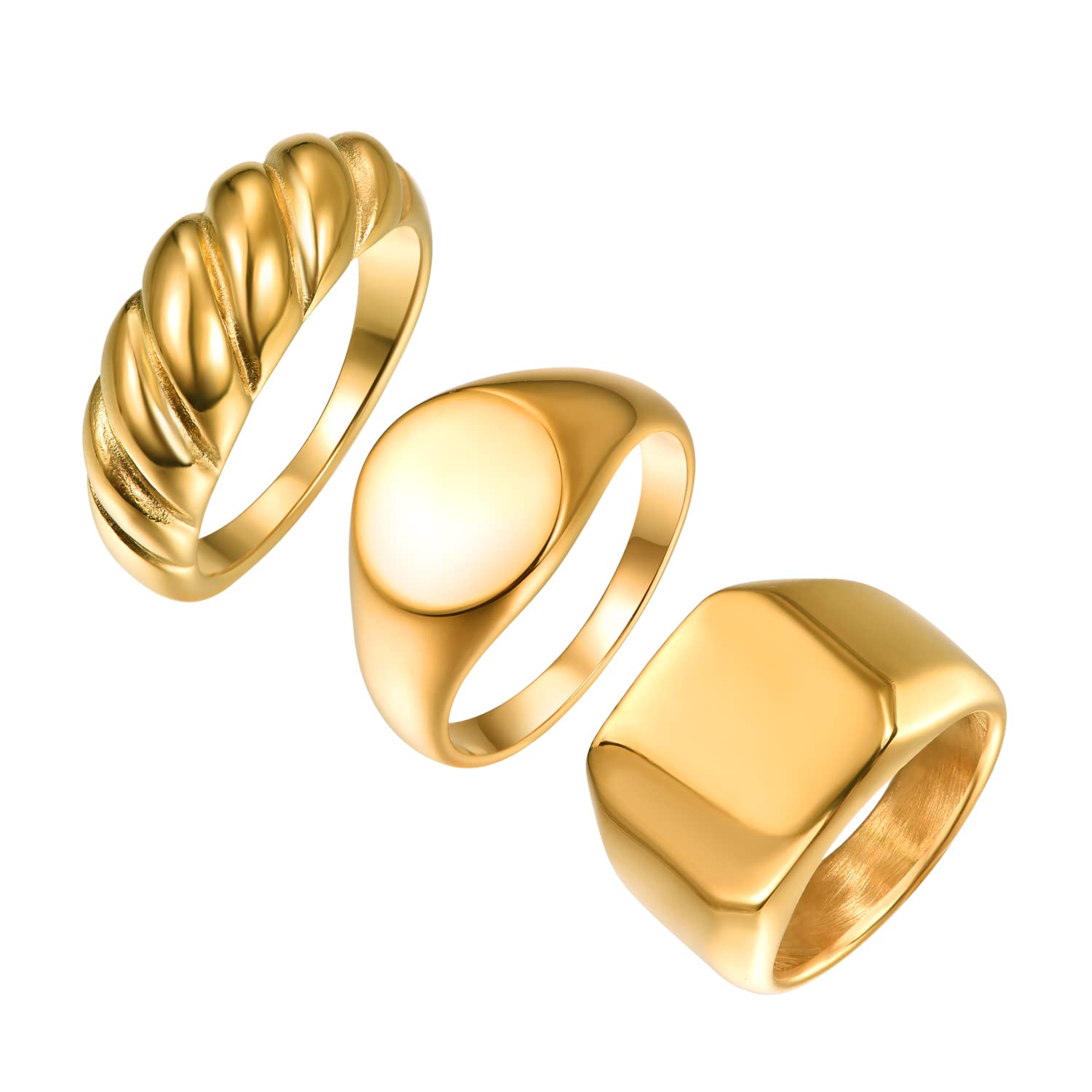 TUNGSTORY3Pcs Gold Stainless Steel Rings Set Gold Signet Ring,Twist Thread Oval Signet Engagement Ring for Men Women Polished Finish Comfort Fit Size O-Y