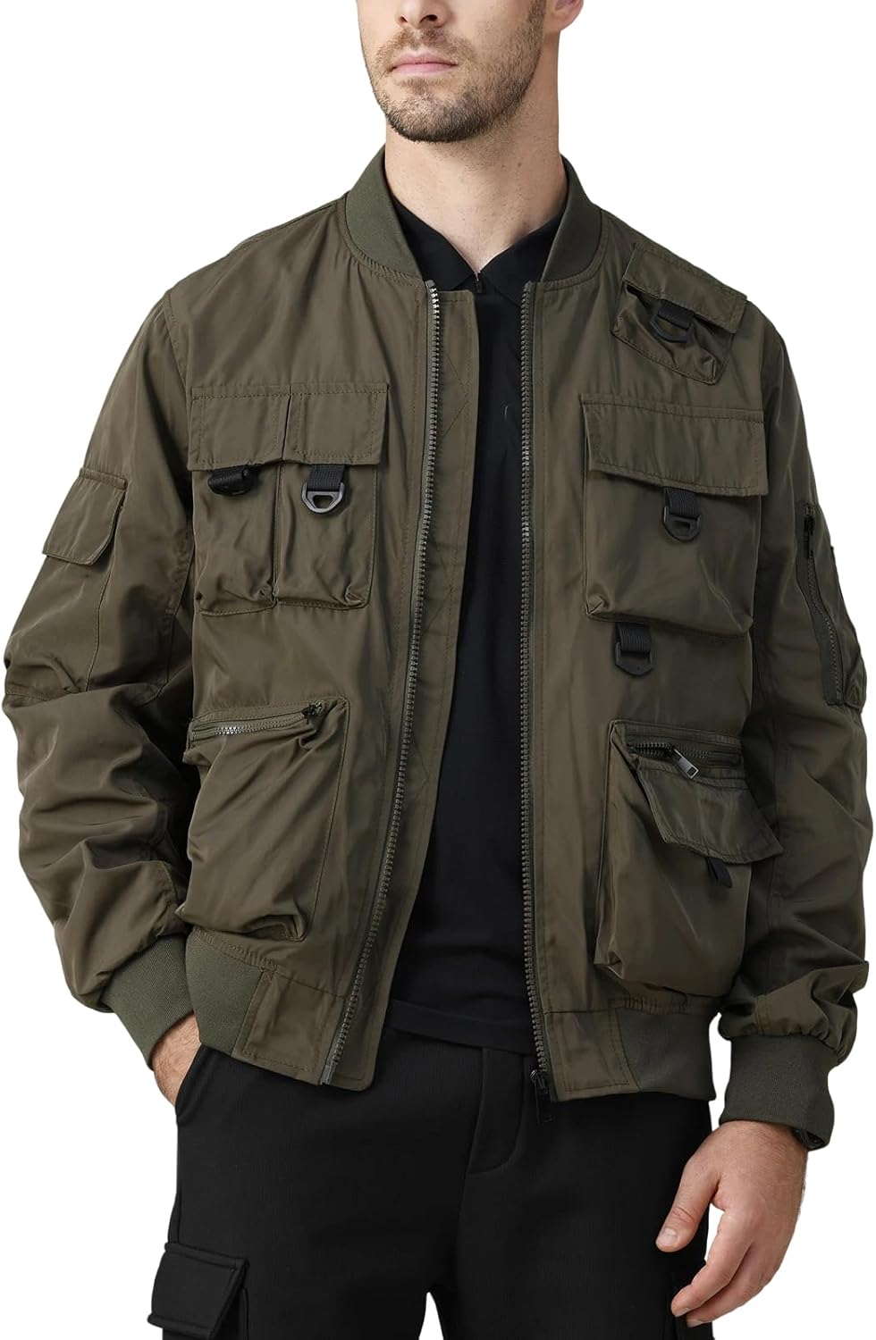 Men's Bomber Jacket, Lightweight Casual Spring Fall Windbreaker, Multi-Pocket Cargo Jacket - Image 2