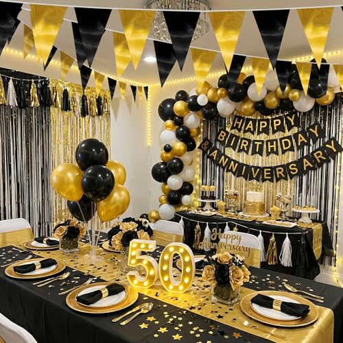 Image of 40M /130FT Black Gold Triangle Pennant Banner Flag Metallic Fabric Bunting Garland for Christmas Wall Hanging,Graduation Decorations, New Years Decorations,Father' Da