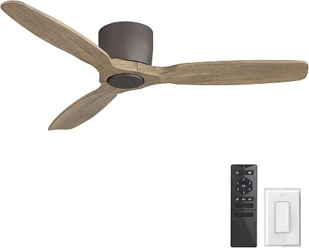WINGBO 48" Flush Mount Ceiling Fan No Light - 3 Carved Solid Wood Blades, 6-Speed Reversible DC Motor, Dimmable, 3CCT, Low Profile Ceiling Fans without Lights for Bedroom Living Room, Charcoal Gray