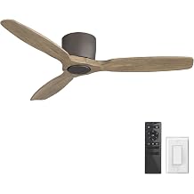 WINGBO 48" Flush Mount Ceiling Fan No Light - 3 Carved Solid Wood Blades, 6-Speed Reversible DC Motor, Dimmable, 3CCT, Low Profile Ceiling Fans without Lights for Bedroom Living Room, Charcoal Gray