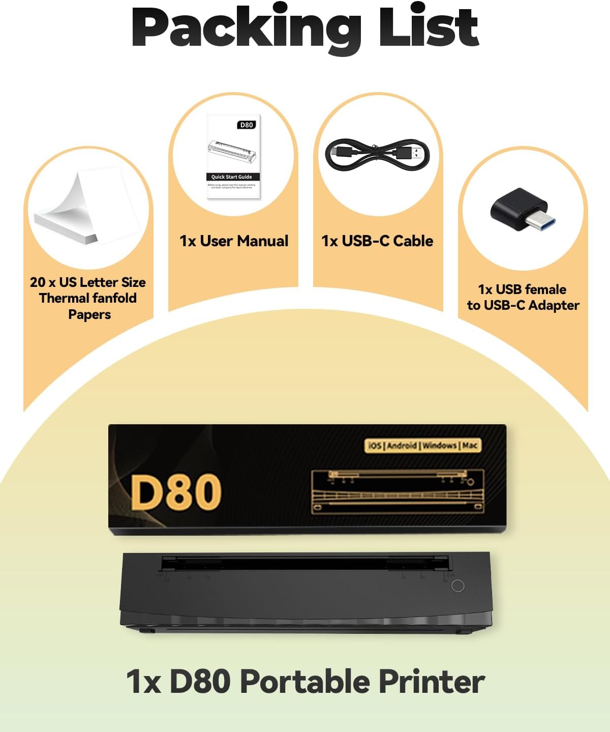 Portable Printer Wireless for Travel, D80 Thermal Printer, Inkless Printers, Compatible with iOS, Android, Laptop, Supports 8.5 x 11 US Letter & A4 & A5 for Home Use, Office, Vehicles, Black