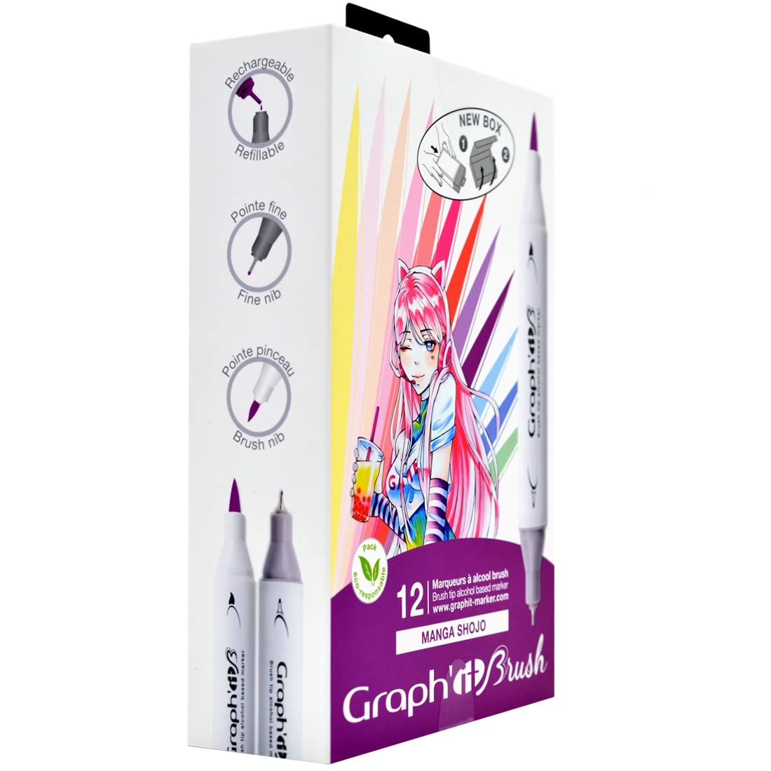 Graph'it - Set de 12 Marqueurs à Alcool Double Pointe : Extra-fine et Pinceau - Dessin de Manga et Illustration - Professionnel et Débutant - Série Manga Shojo