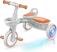 SEREED Toddler Tricycle with Colorful Light-Up Wheels for 2-5 Year Olds, Adjustable Seat & Handlebar, Removable Basket - Green Trike