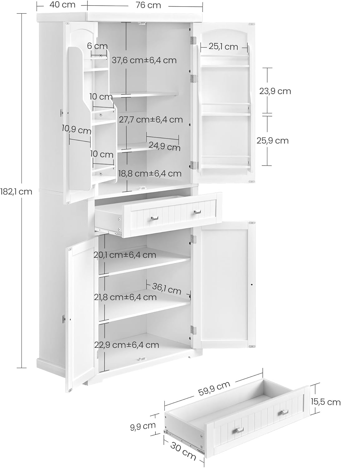 Close-up showing the adjustable shelves inside the cabinet.