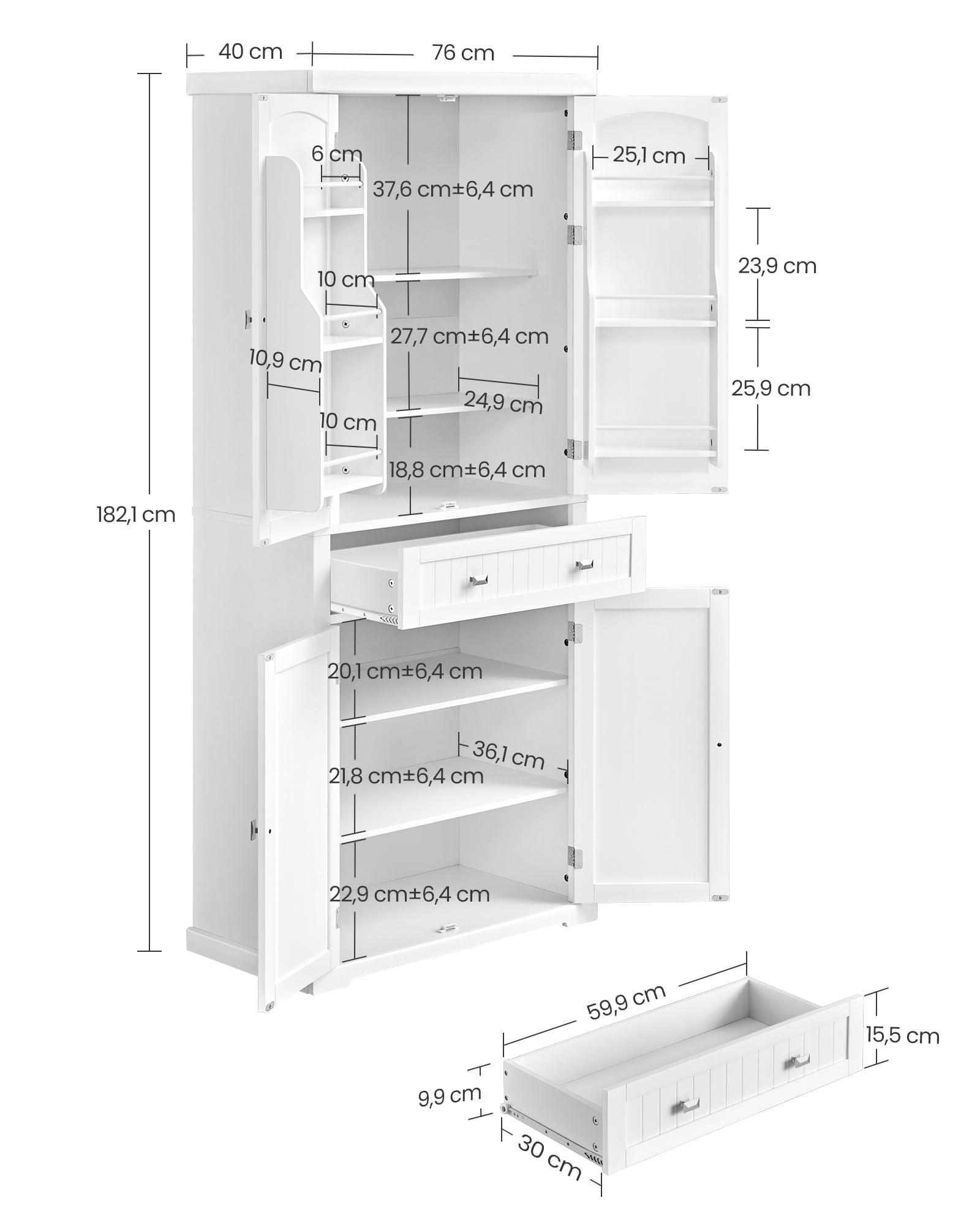 VASAGLE Küchenschrank, Hochschrank Küchenbuffet Vitrinenschrank, Buffetschrank mit Verstellbaren Ablagen, Esszimmerschrank mit Schubladen, für Wohnzimmer Küche, 40 x 76 x 182,1 cm, Weiß BBC561W21