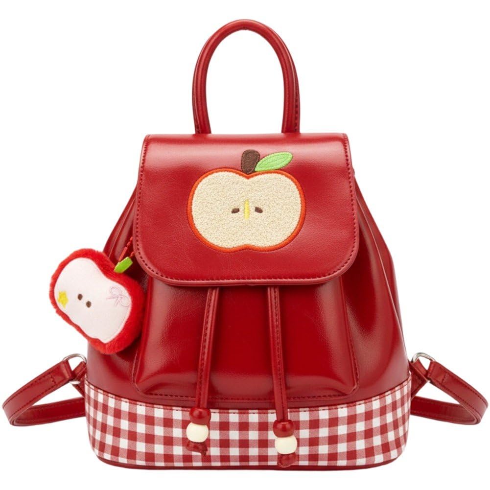 Sac à dos brodé de pommes pour femme en cuir PU avec motif à carreaux tendance et léger