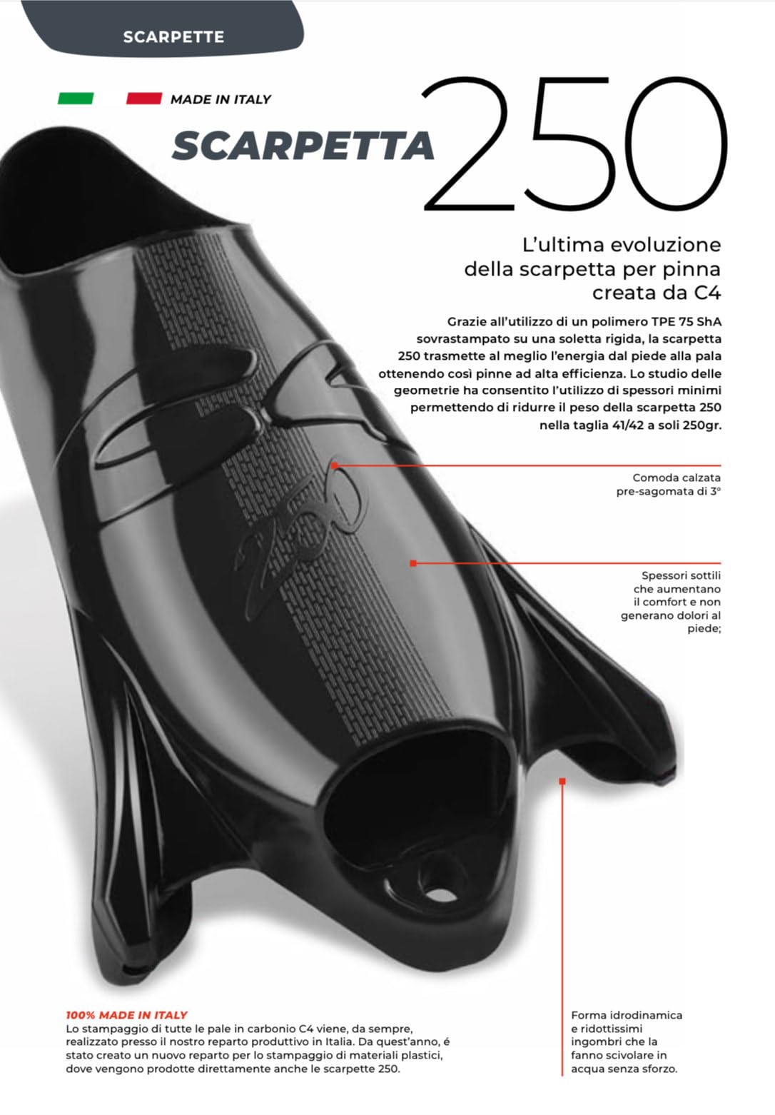 C4 Aletas MB002 - Aletas de carbono Apnea para pesca subacuática con zapatilla C4 250, dureza pala 20-25-30, longitud de la pala 87,5 cm