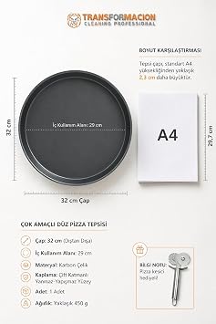 Transformacion Karbon Çelik Yuvarlak Pizza ve Börek Tepsisi, Çift Katmanlı Yanmaz Yapışmaz Yüzey, 32 cm, 2 Adet, Pizza Kesici Hediyeli 723293