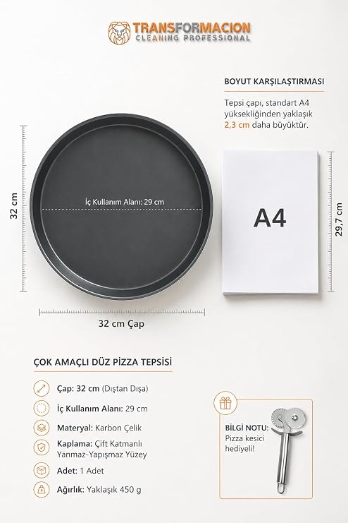 Transformacion Karbon Çelik Yuvarlak Pizza ve Börek Tepsisi, Çift Katmanlı Yanmaz Yapışmaz Yüzey, 32 cm, 2 Adet, Pizza Kesici Hediyeli 723293
