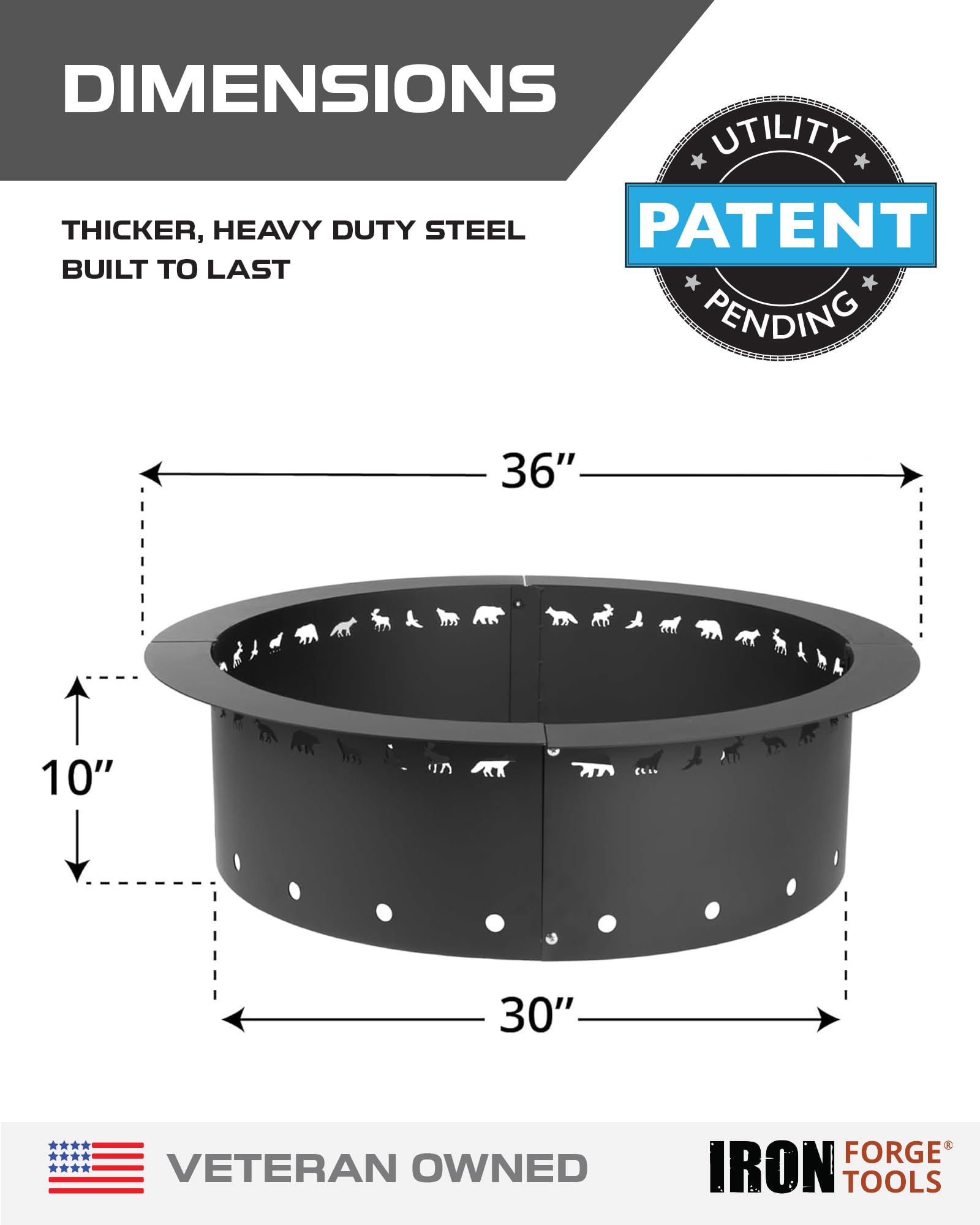 Iron Forge Tools Fire Pit Ring 36 Inch Outer/30 Inch Inner - Outdoor Heavy Duty Metal Round Smokeless Permanent Fire Ring Insert Liner (36x30x10)
