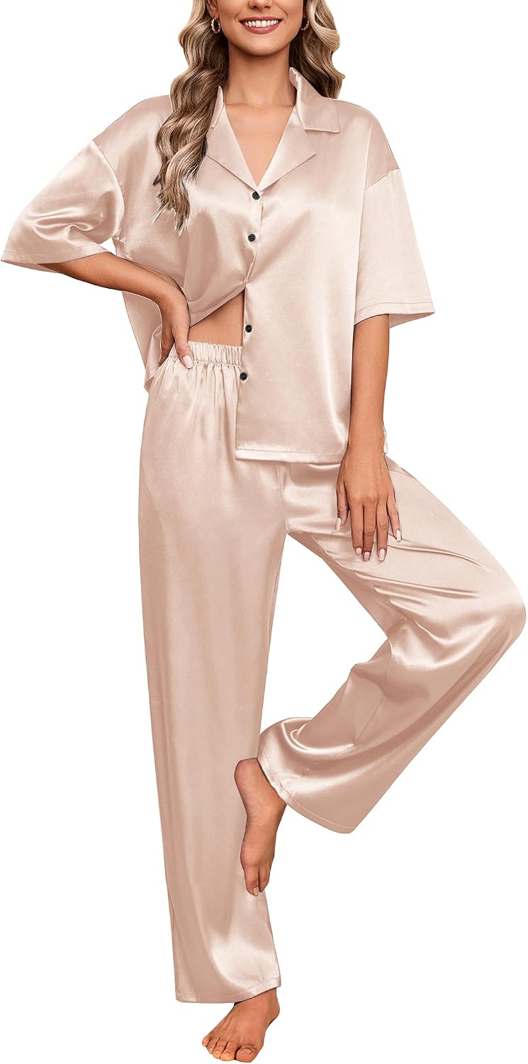 Ekouaer Silk Satin Pajamas Set Women Short Sleeve Pj Sets Button Down Sleepwear 2 Piece Soft Loungewear S-XXL