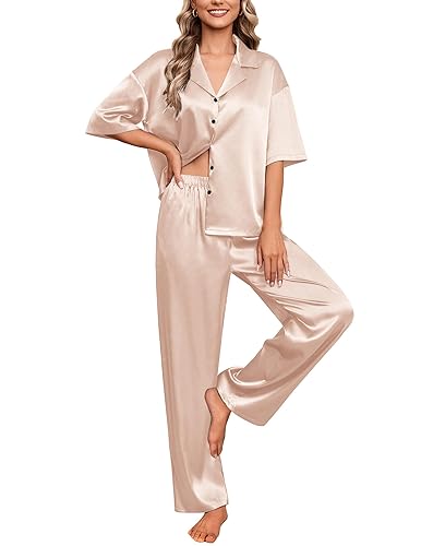 Ekouaer Silk Satin Pajamas Set Women Short Sleeve Pj Sets